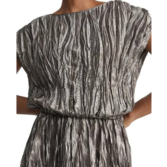 LAFAYETTE 148 WOMENS SMALL PLISSE GATHERED WAIST MIDI DRESS PEWTER METALLIC NEW - Picture 3 of 13
